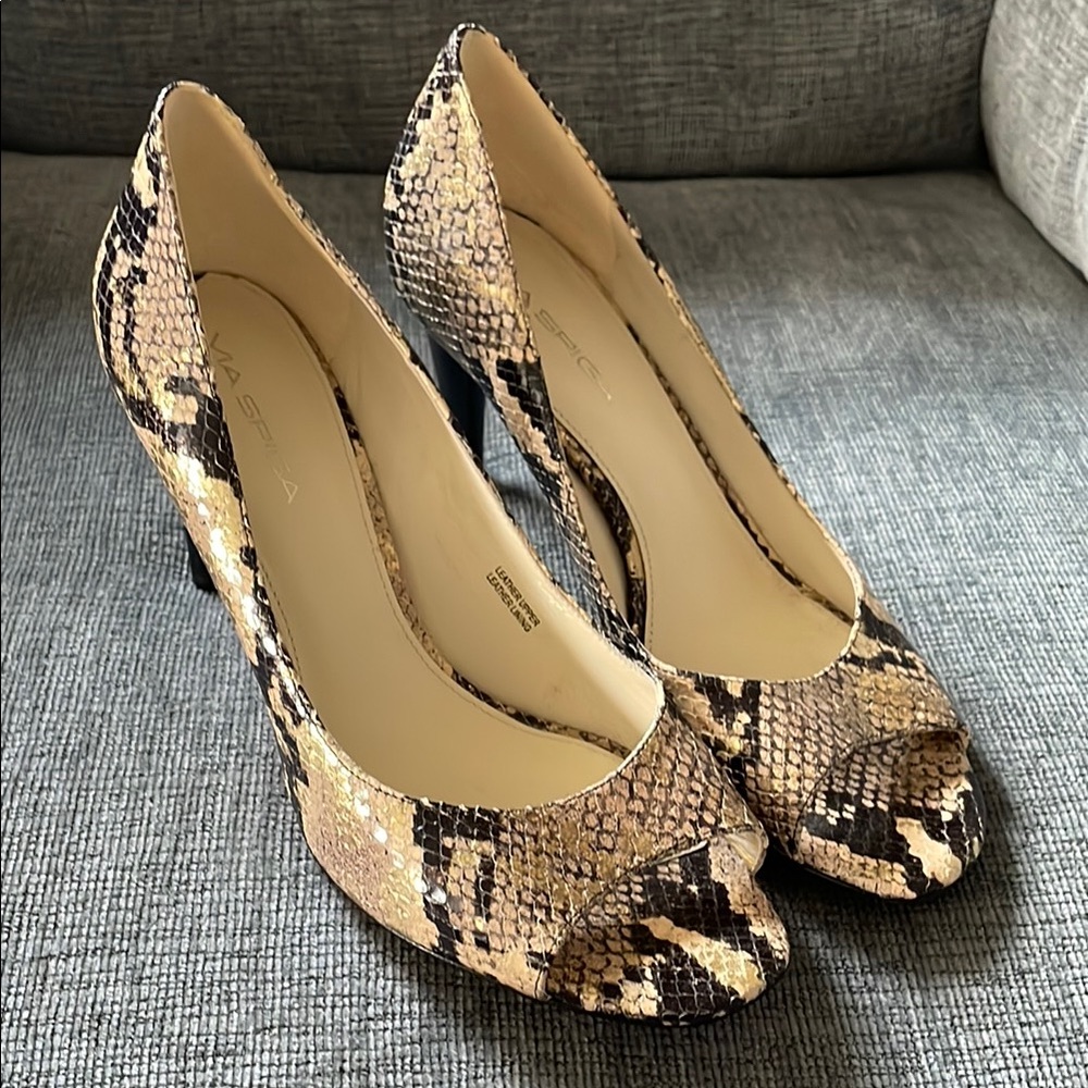 Via Spiga Snake Print Peep Toe Heels